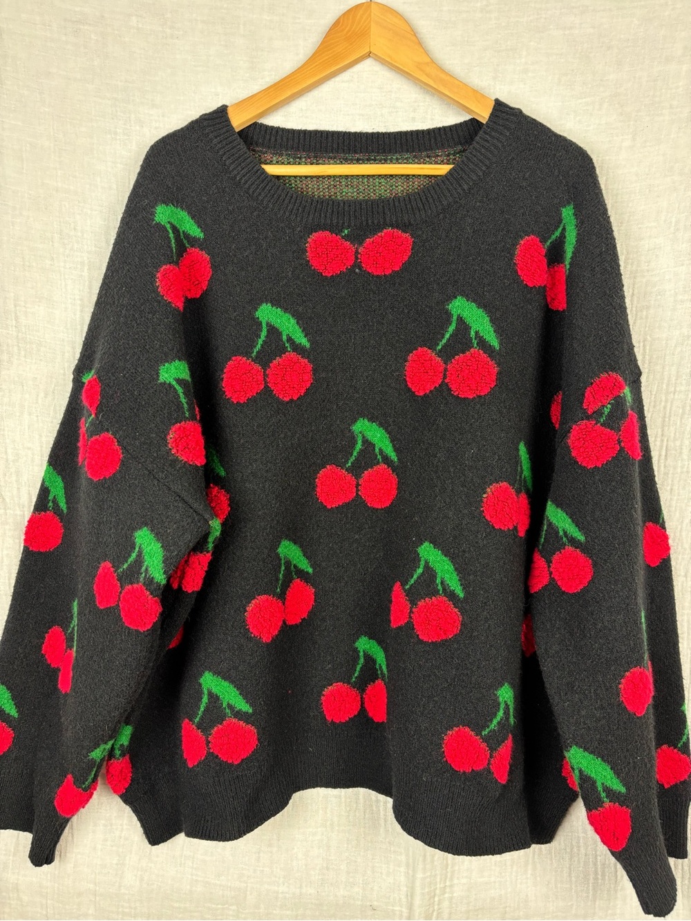 Cider Black and Red Cherry Motif Crewneck Oversize Sweater 4XL
